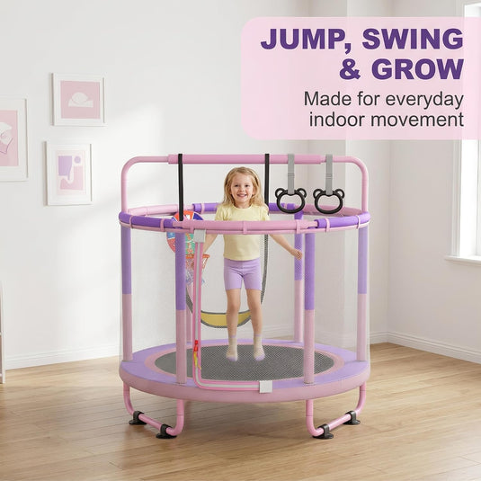 CZCPAPY Trampoline voor kinderen, outdoor trampoline voor binnen en buiten, met veiligheidsnet, mand, stangen, schommels, cadeau voor kinderen (roze-paars)