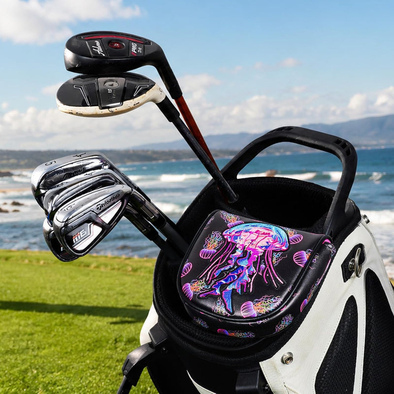 Laden Sie das Bild in Galerie -Viewer, Golfclub-Headcover mit farbenfroher Quallenstickerei für Driver, Fairwayholz und Hybrid – Golf-Headcover – Clubschützer
