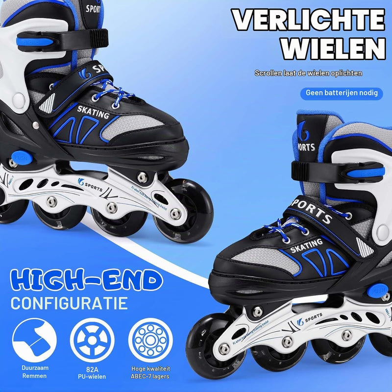 Laad afbeelding in Galerijviewer, Verstelbare inline skates voor kinderen maat 32-36 met lichtgevende wielen – beginners rolschaatsen blauw
