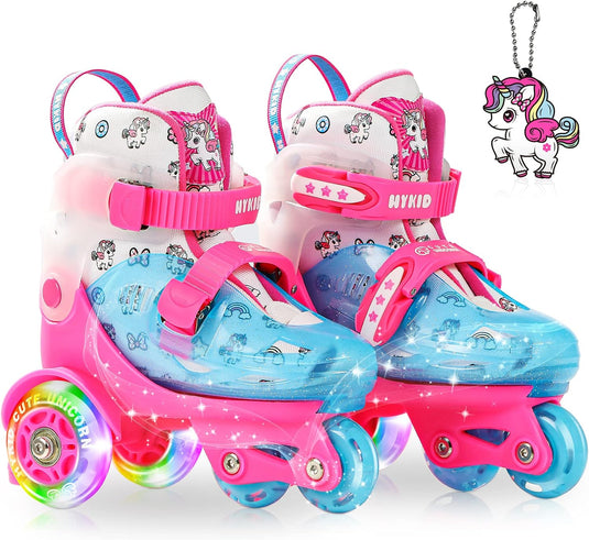 Rolschaatsen voor peuters (3-9 jaar), verstelbaar, leuke verlichting, veiligheid, 3-puntsbalans, beginnersrolschaatsen (eenhoorn, roze, 25-28)