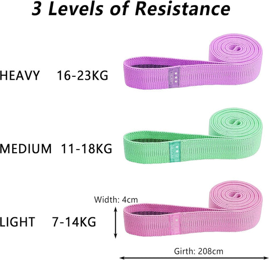 Lange fitnessbanden, stoffen fitnessbanden set van 3, weerstandsbanden met oefeninstructies en draagtas, antislip weerstandsbanden voor full-body workouts, yoga, pilates, krachttraining, fitness
