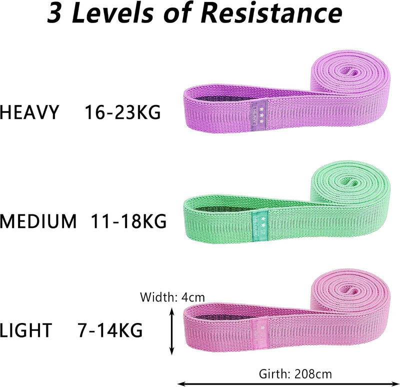 Laden Sie das Bild in Galerie -Viewer, Lange fitnessbanden, stoffen fitnessbanden set van 3, weerstandsbanden met oefeninstructies en draagtas, antislip weerstandsbanden voor full-body workouts, yoga, pilates, krachttraining, fitness
