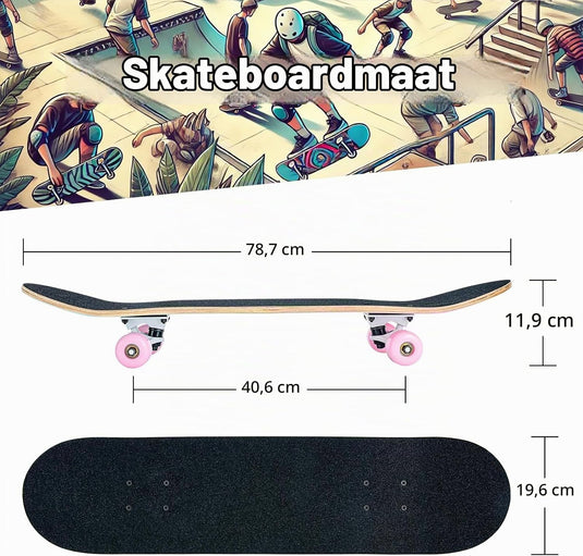 Compleet skateboard 70 x 20 cm met 8-laags esdoorn deck en ABEC-11 lagers – double kick skateboard