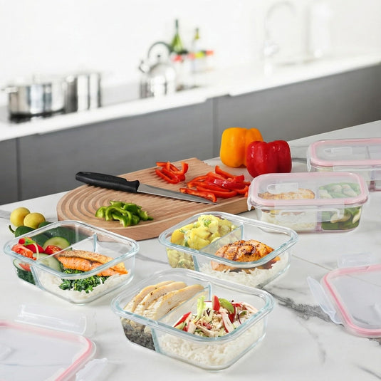 Glazen meal prep bakjes set van 5 met 2 vakken