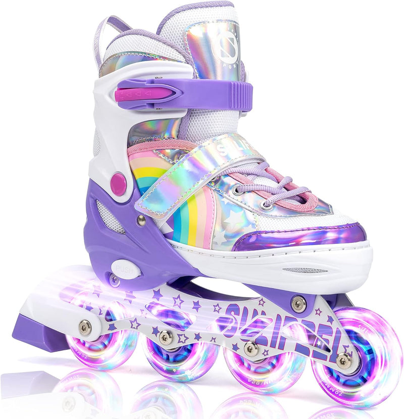 Load image into Gallery viewer, SULIFEEL Rainbow Unicorn Verstelbare zwarte rolschaatsen voor kinderen, met lichtgevende wielen, voor jongens
