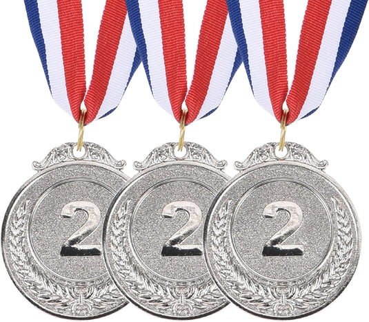 Zilveren medailles 3 stuks 5 cm voor 2e plaats met neklint – sportmedailles – prijzen en trofeeën