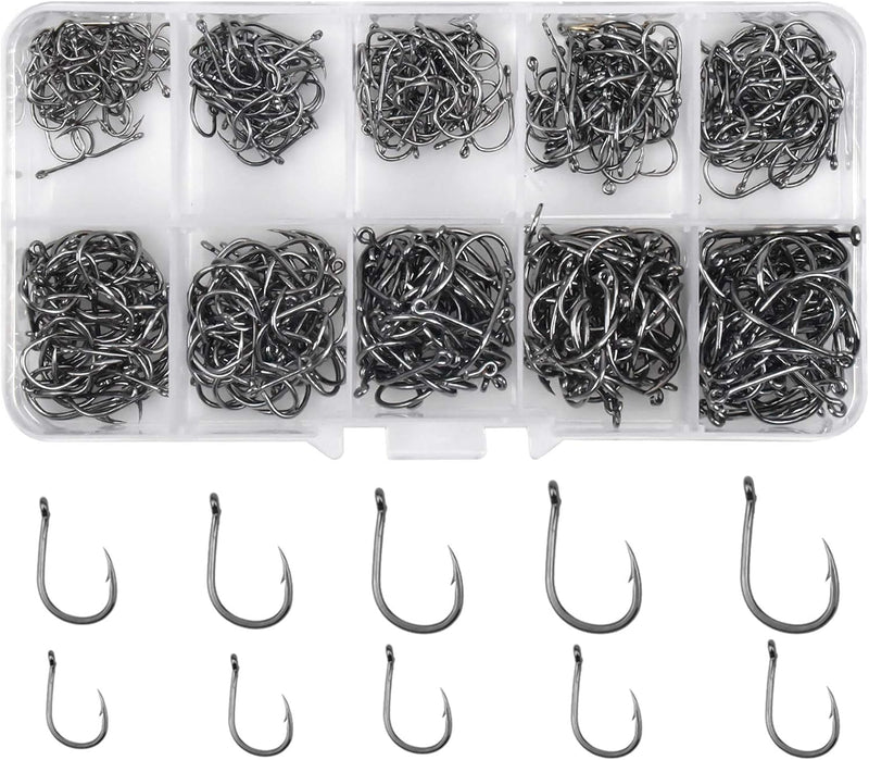 Charger l’image dans la visionneuse de galerie, Hameçons de pêche, 500 pièces en acier au carbone, en 10 tailles, avec ardillons et boîte de rangement – hameçons pour appâts – équipement de pêche
