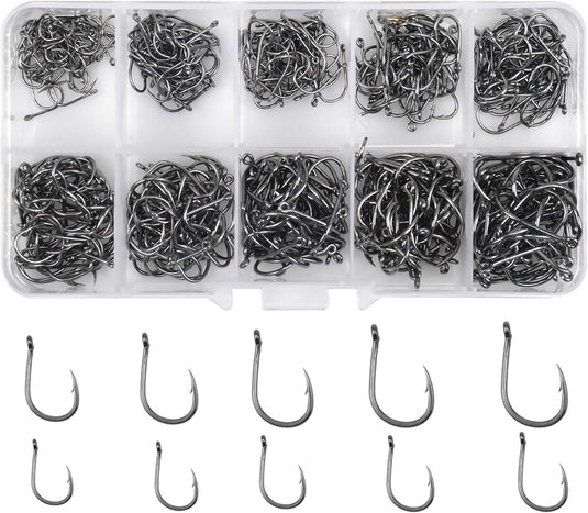 Hameçons de pêche, 500 pièces en acier au carbone, en 10 tailles, avec ardillons et boîte de rangement – hameçons pour appâts – équipement de pêche