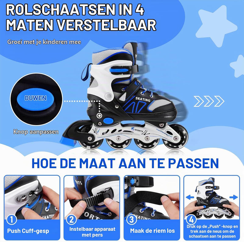 Laad afbeelding in Galerijviewer, Verstelbare inline skates voor kinderen maat 32-36 met lichtgevende wielen – beginners rolschaatsen blauw
