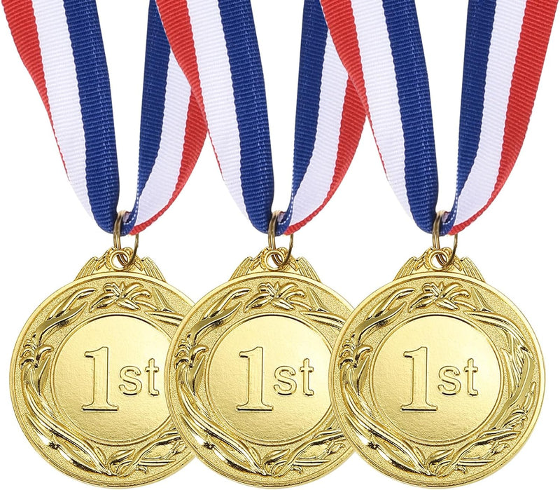 Załaduj obraz do przeglądarki galerii, Złote medale 3 sztuki 6,5 cm za 1. miejsce z tasiemką na szyję – medale sportowe – nagrody i trofea
