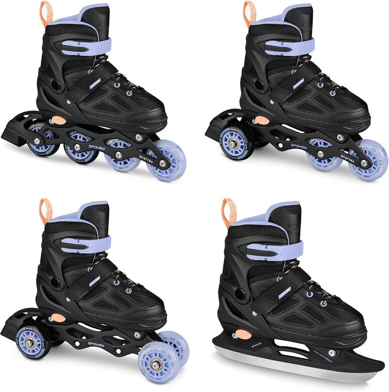 Load image into Gallery viewer, Verstelbare 4-in-1 skates voor kinderen – inline rolschaatsen triskates en schaatsen – zwart paars
