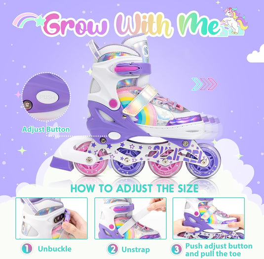 SULIFEEL Rainbow Unicorn Verstelbare zwarte rolschaatsen voor kinderen, met lichtgevende wielen, voor jongens