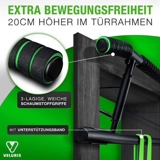 Veluris Optrekstang voor deurkozijnen - Zware optrekstang [tot 200 kg] - Deurstang zonder montage - 20 cm hoger in het kozijn - Ook voor dips en push-ups (rond)