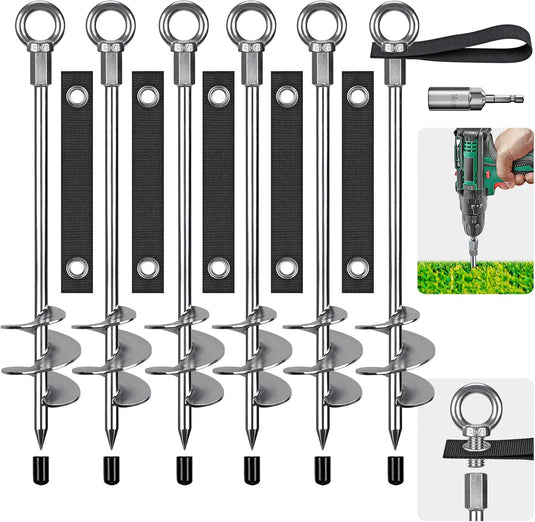 Grondankers 6 stuks 45 cm heavy duty met spanbanden en booradapter – trampoline ankers – stormankers
