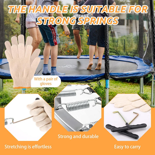 Trampoline veertrekkers 2 stuks met antislip handschoenen – T-haak veerspanner – trampoline gereedschap
