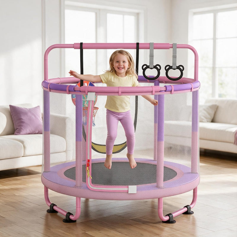 Załaduj obraz do przeglądarki galerii, CZCPAPY Trampoline voor kinderen, outdoor trampoline voor binnen en buiten, met veiligheidsnet, mand, stangen, schommels, cadeau voor kinderen (roze-paars)
