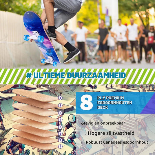 Compleet skateboard 70 x 20 cm met 8-laags esdoorn deck en ABEC-11 lagers – double kick skateboard
