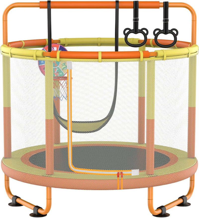 Załaduj obraz do przeglądarki galerii, Kindertrampoline met veiligheidsnet schommel en basketbalmand geeloranje – trampoline – indoor outdoor
