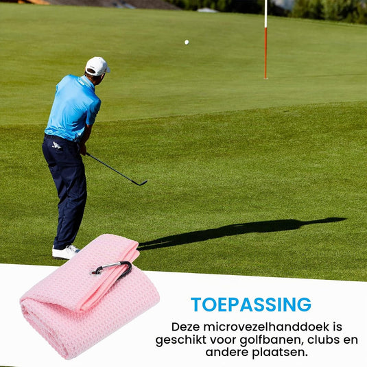 Golfhanddoek 40 x 40 cm met D-clip roze – absorberende tri-fold handdoek – golf accessoires