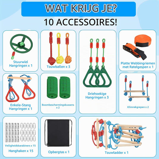 Kit de slackline pour enfants, parcours d’obstacles ninja de 15 m pour filles et garçons, comprenant des échelles, des nœuds de corde, des roues ninja, des anneaux de suspension, des échelles d’escalade, etc.