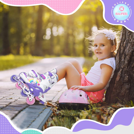 SULIFEEL Rainbow Unicorn Verstelbare zwarte rolschaatsen voor kinderen, met lichtgevende wielen, voor jongens