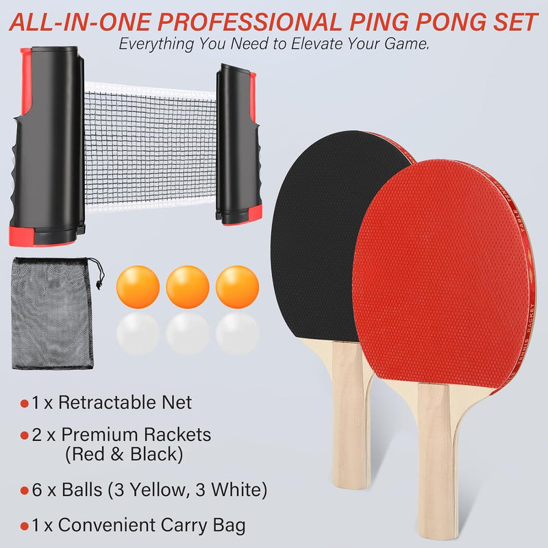 Charger l’image dans la visionneuse de galerie, Ensemble de tennis de table avec filet rétractable de 175 cm, comprenant 2 raquettes et 6 balles - jeu de ping-pong - matériel de tennis de table
