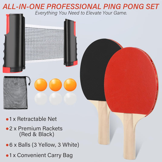 Ensemble de tennis de table avec filet rétractable de 175 cm, comprenant 2 raquettes et 6 balles - jeu de ping-pong - matériel de tennis de table