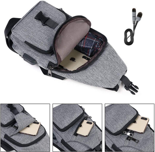 flintronic Sling Bag met USB-Oplading, Borsttas met Verstelbare Riem, Multi-Pocket Crossbody Borst Tas, Wandelen Casual Outdoor Borstzak voor Heren