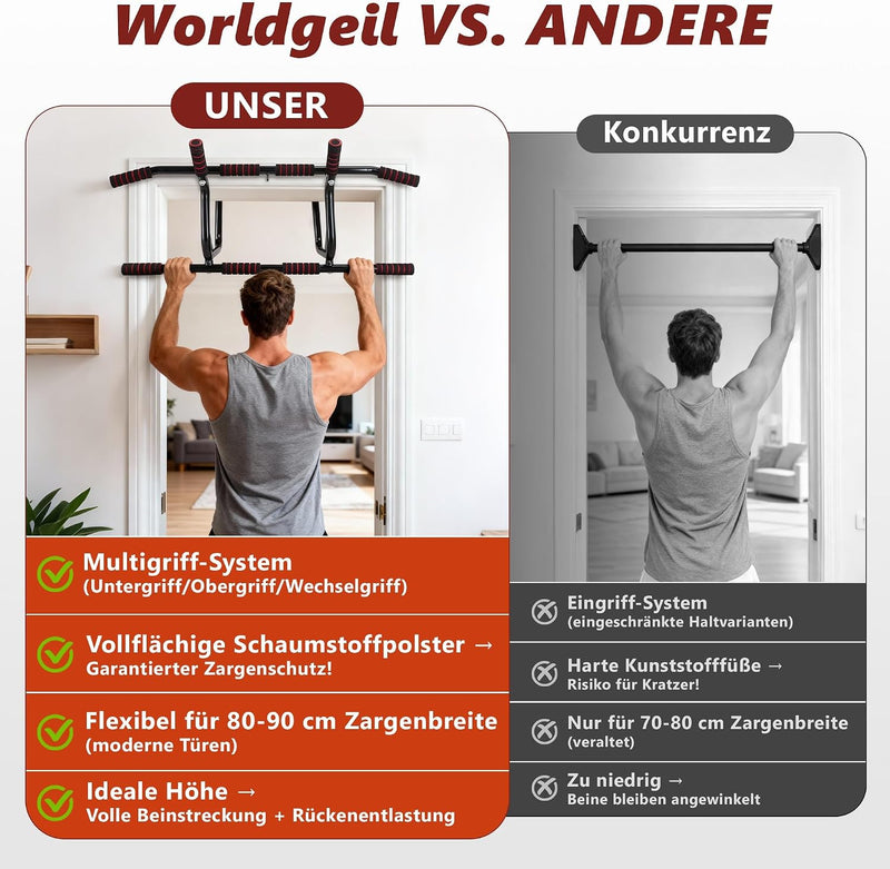 Laad afbeelding in Galerijviewer, Optrekstang voor deurkozijn zonder boren met meerdere gripposities rood – pull-up bar – krachttraining
