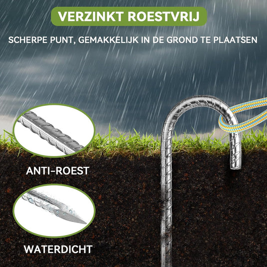 Grondankers 6 stuks 30 cm met J-haak van verzinkt staal – trampoline haringen – stormankers