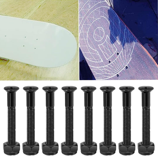 Skateboard schroeven met moeren en sleutel 8 stuks zwart – truck montagebouten – skate accessoires