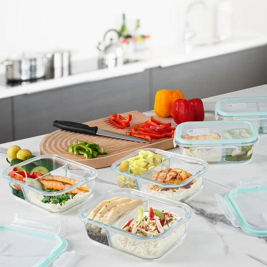 Glazen meal prep bakjes set van 5 met 2 vakken