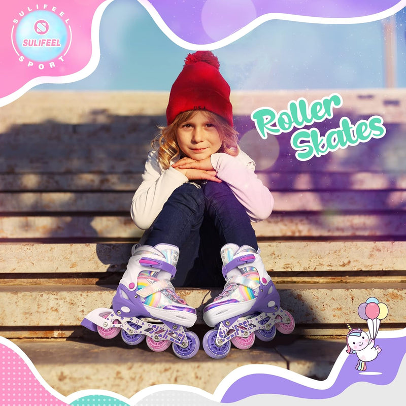 Load image into Gallery viewer, SULIFEEL Rainbow Unicorn Verstelbare zwarte rolschaatsen voor kinderen, met lichtgevende wielen, voor jongens
