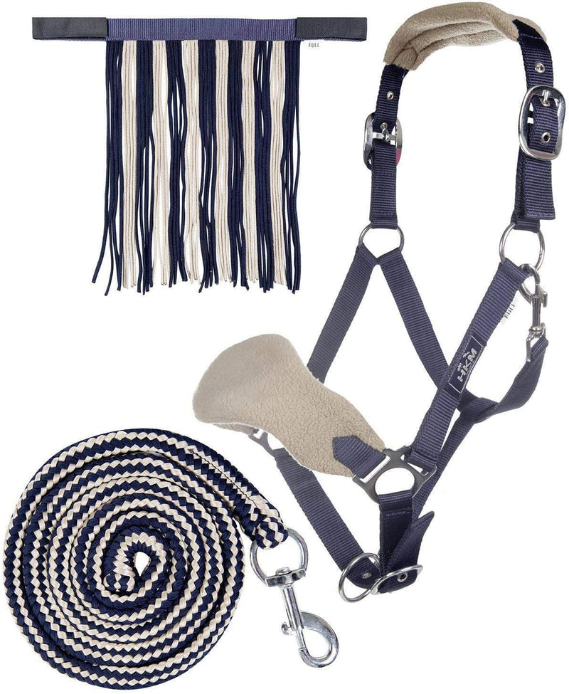 Laad afbeelding in Galerijviewer, HKM Holster met gebreide karabijnhaak &amp; vliegenfranjes, grijs/roze, pony
