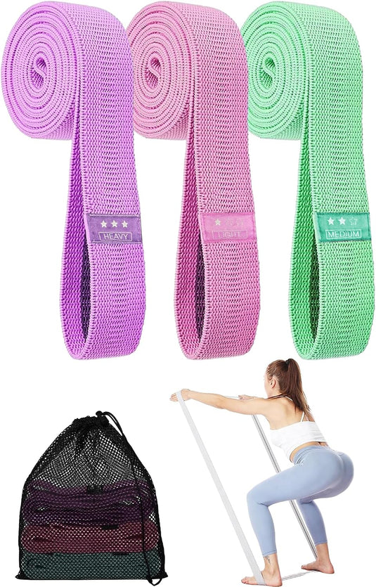 Lange fitnessbanden, stoffen fitnessbanden set van 3, weerstandsbanden met oefeninstructies en draagtas, antislip weerstandsbanden voor full-body workouts, yoga, pilates, krachttraining, fitness