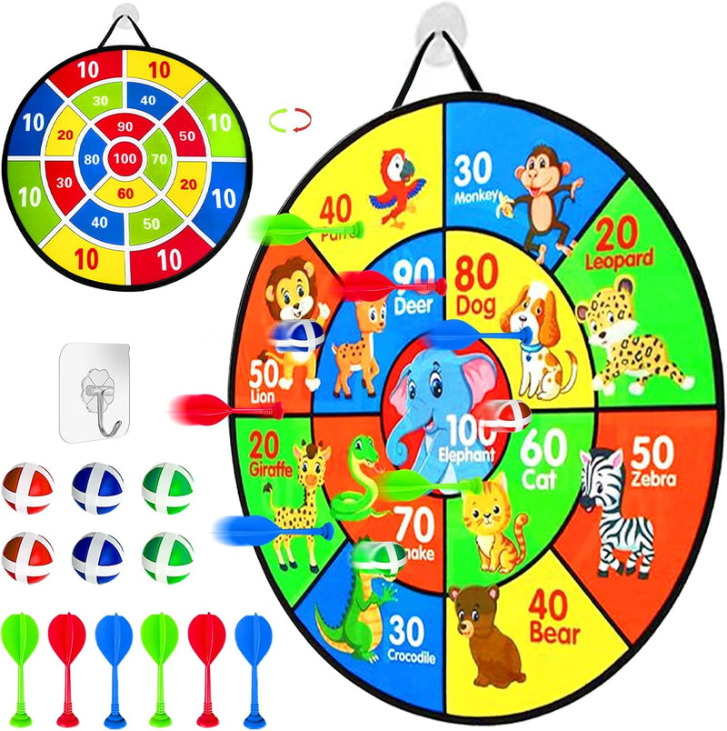Charger l’image dans la visionneuse de galerie, Jeu de fléchettes pour enfants double face de 66 cm avec balles à scratch et motif animalier - jeu de fléchettes - jeu d'adresse
