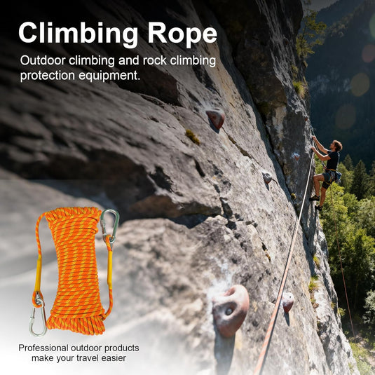 Statisch klimtouw 70 m x 8 mm – met 2 stalen karabijnhaken – outdoor touw voor bergbeklimmen, camping en wandelen – oranje