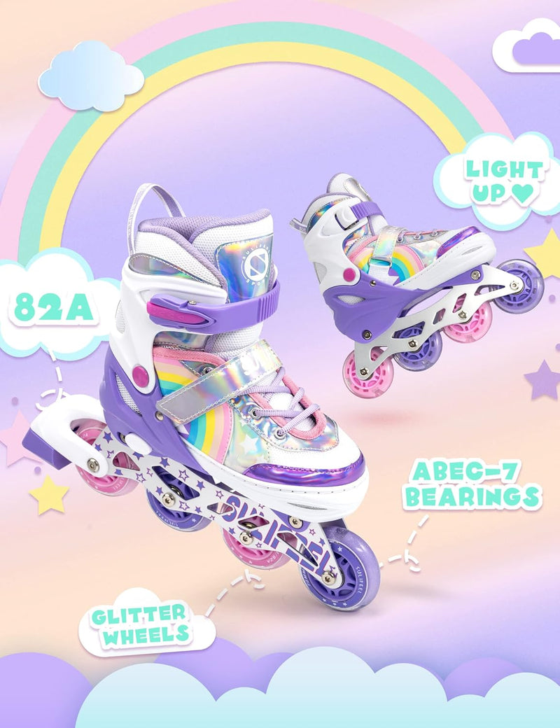 Load image into Gallery viewer, SULIFEEL Rainbow Unicorn Verstelbare zwarte rolschaatsen voor kinderen, met lichtgevende wielen, voor jongens
