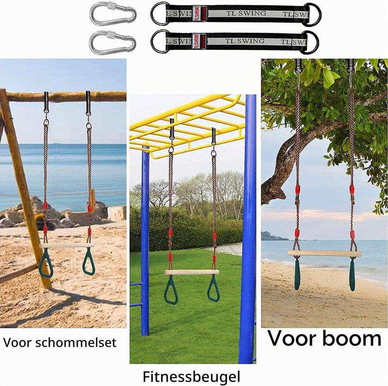 Laad afbeelding in Galerijviewer, Trapezeschommel 2-in-1 met gymnastiekringen tot 120 kg – houten turnschommel – binnen en buiten
