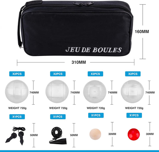 Bocce ball set with 8 metal balls, 74 mm, including carrying bag and measuring tape – pétanque – outdoor games
