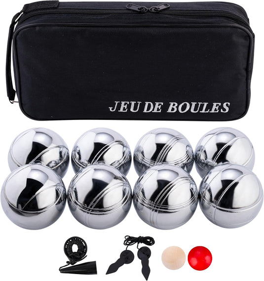 Bocce ball set with 8 metal balls, 74 mm, including carrying bag and measuring tape – pétanque – outdoor games