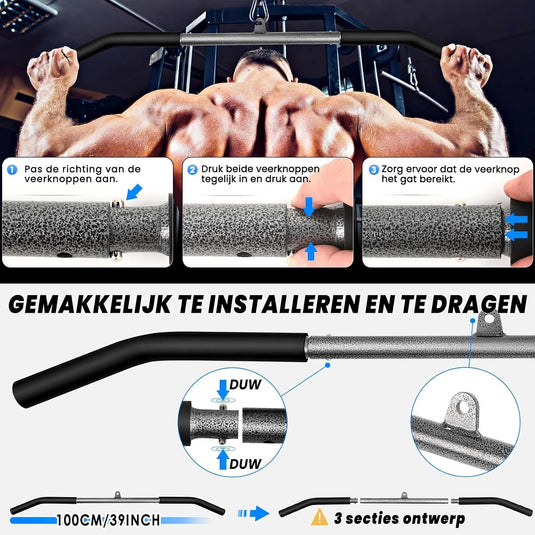 Système de câbles de fitness avec barre de tirage de 100 cm et poulie pour la musculation à domicile - entraînement des muscles du dos - accessoires pour poulie latérale
