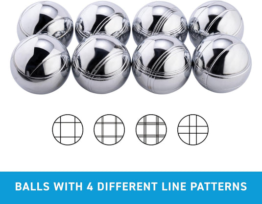 Bocce ball set with 8 metal balls, 74 mm, including carrying bag and measuring tape – pétanque – outdoor games
