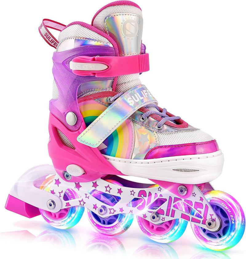Load image into Gallery viewer, SULIFEEL Rainbow Unicorn Verstelbare zwarte rolschaatsen voor kinderen, met lichtgevende wielen, voor jongens
