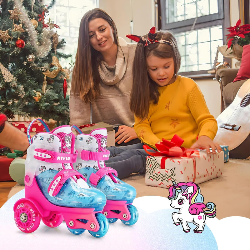 Load image into Gallery viewer, Rolschaatsen voor peuters (3-9 jaar), verstelbaar, leuke verlichting, veiligheid, 3-puntsbalans, beginnersrolschaatsen (eenhoorn, roze, 25-28)
