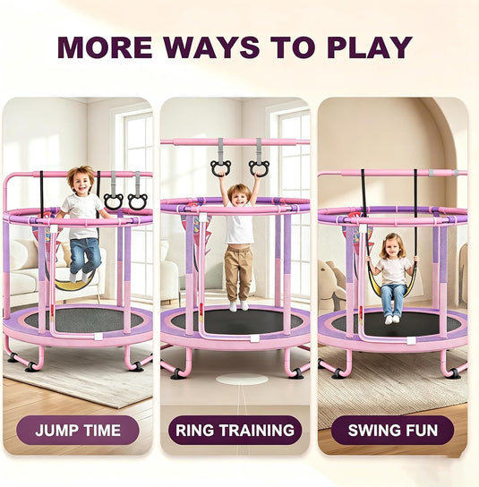 CZCPAPY Trampoline voor kinderen, outdoor trampoline voor binnen en buiten, met veiligheidsnet, mand, stangen, schommels, cadeau voor kinderen (roze-paars)