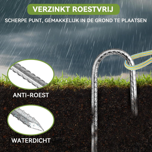 Grondpennen 6 stuks 30 cm van verzinkt staal met J-haak – trampoline ankers – grondankers