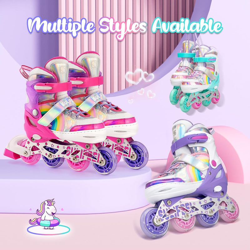 Load image into Gallery viewer, SULIFEEL Rainbow Unicorn Verstelbare zwarte rolschaatsen voor kinderen, met lichtgevende wielen, voor jongens
