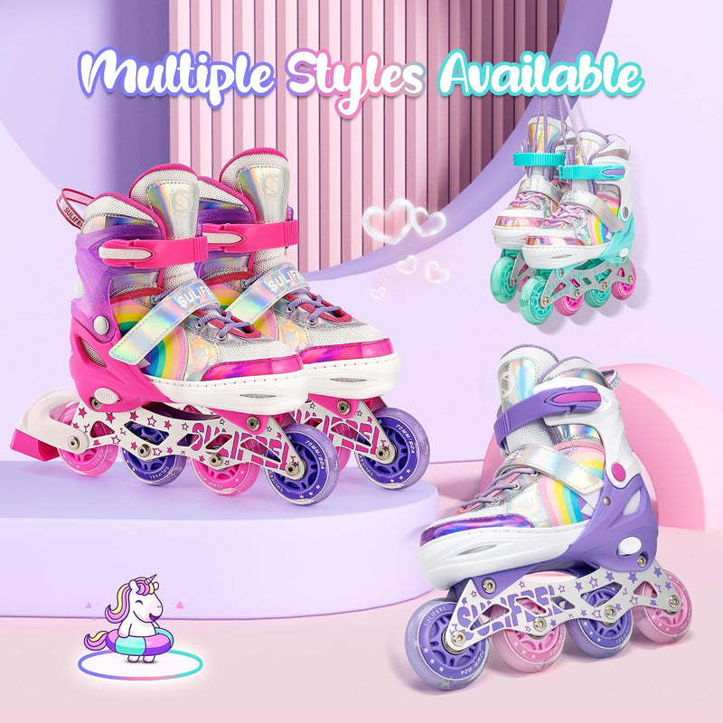 Load image into Gallery viewer, SULIFEEL Rainbow Unicorn Verstelbare zwarte rolschaatsen voor kinderen, met lichtgevende wielen, voor jongens
