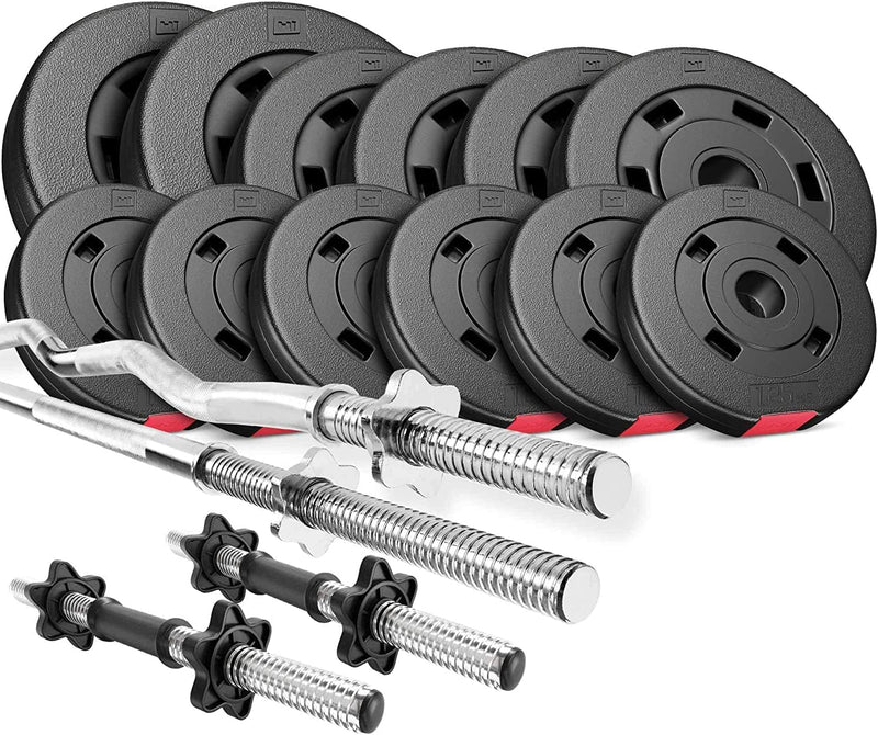 Load image into Gallery viewer, Hop-Sport Halterset 45 kg 1 x Lange Halterstang, 1 x Curl Stang, 2 x Korte Halters, Gewichten 2 x 5 kg / 4 x 2,5 kg / 6 x 1,25 kg
